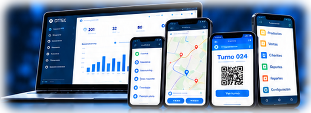 Computadora y aplicaciones móviles desarrolladas para gestión empresarial, rutas y turnos