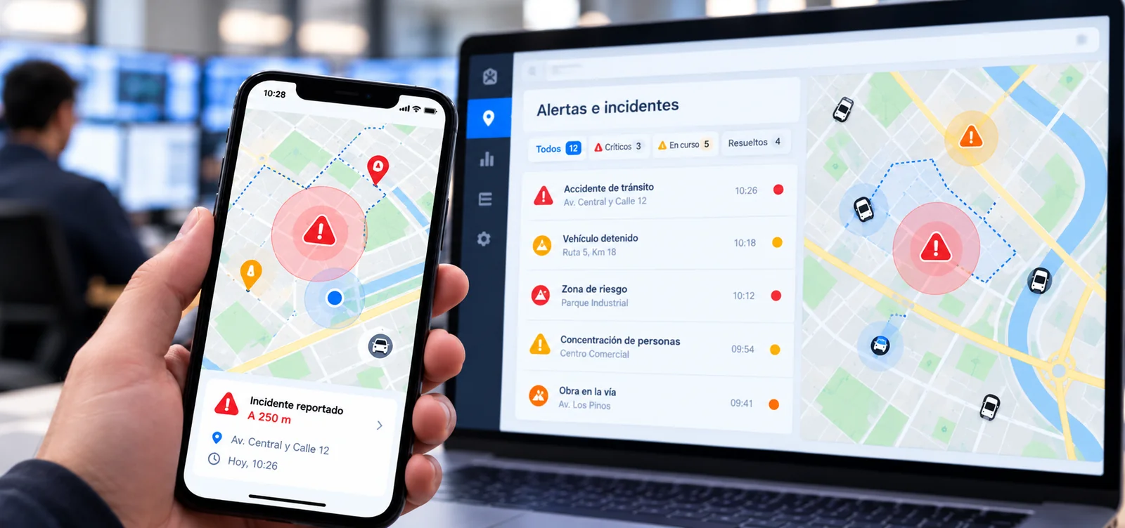Mapa de alertas geolocalizadas e incidencias en móvil y portátil