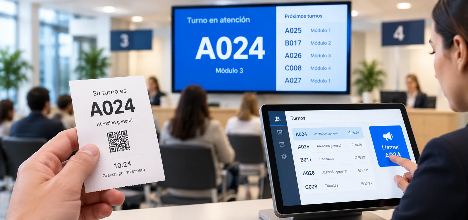 Panel de turnos, pantalla de llamada y atención en mostrador