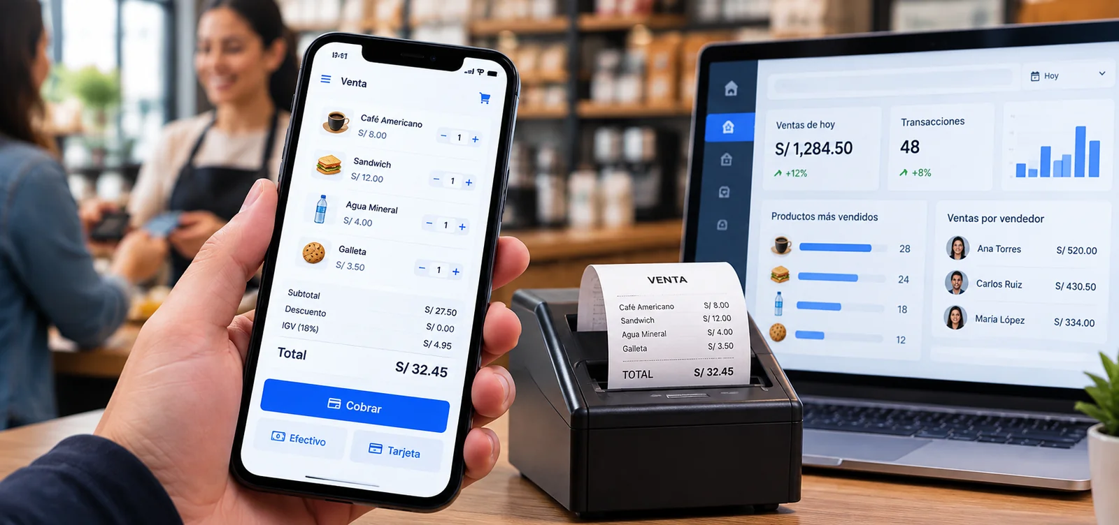 Punto de venta con app, panel de vendedores e impresora de tickets