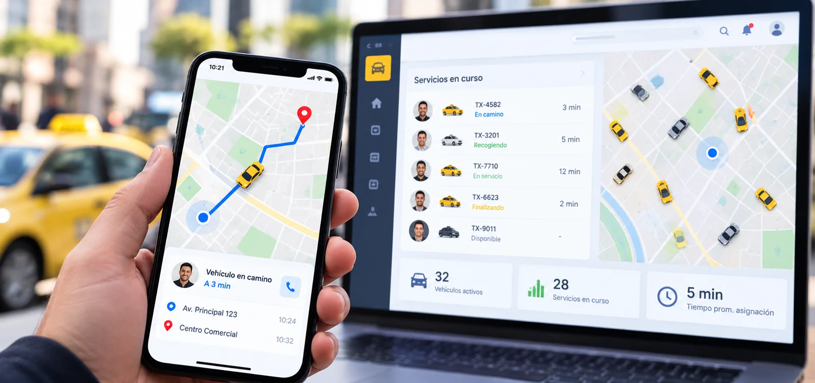 Gestión de taxis con seguimiento de conductores en móvil y panel web