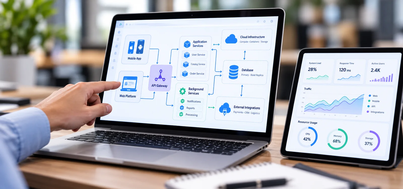 Portátil con arquitectura de software y tablet con métricas tecnológicas